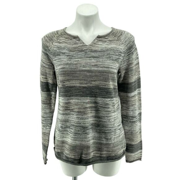 Eddie Bauer Women’s Gray Cotton Stripe Notch Neck Split Roll Pullover Sweater M - Picture 1 of 14